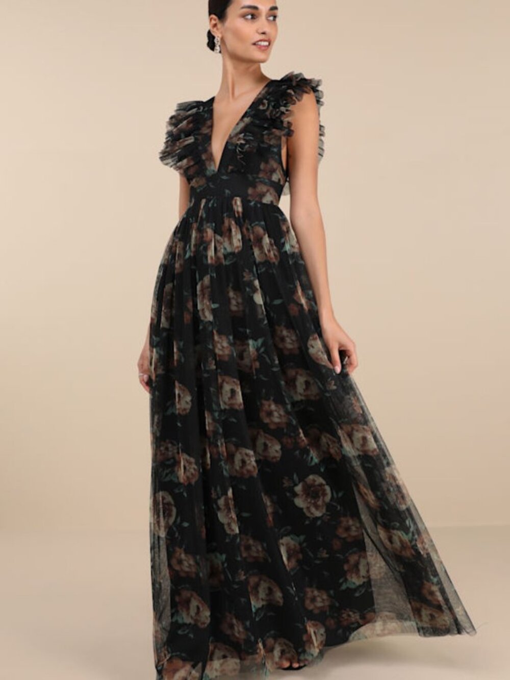 Lulus Simply Delighted Black Floral Mesh Ruffled Backless Maxi Dress - Size XL